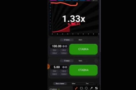 Mobile Aviator screen: 1.33× multiplier and two bets — 100.00 and 5.00