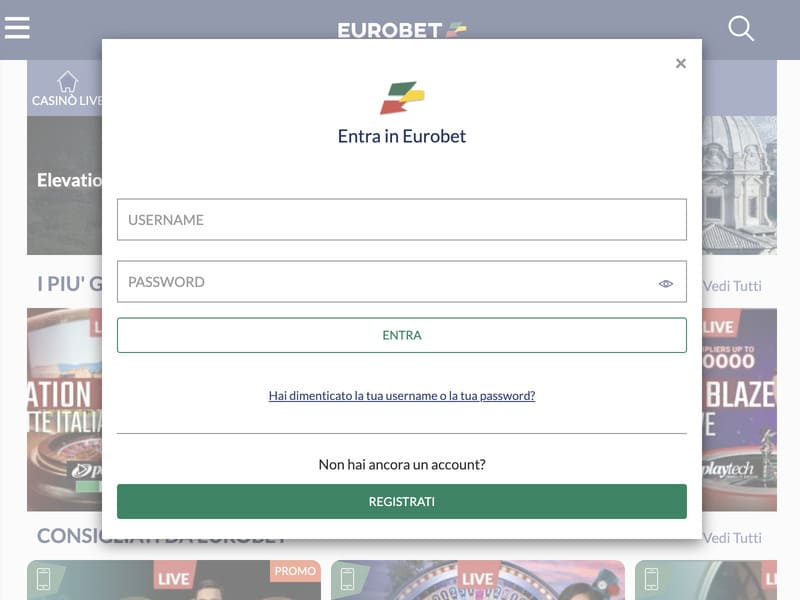 Registo no casino online Eurobet
