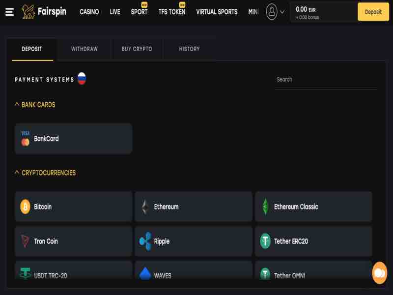 Kassa i onlinecasino: fliken 'Insättning' med lista över betalningssystem – överst bankkorten Visa och Mastercard, nedan kryptovalutorna Bitcoin, Ethereum, Ethereum Classic, Tron Coin, Ripple, Tether ERC20, USDT TRC-20, Waves och Tether OMNI.
