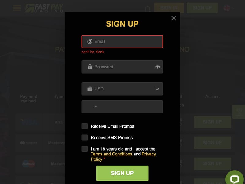 Registration by email and phone number Fastpay casino