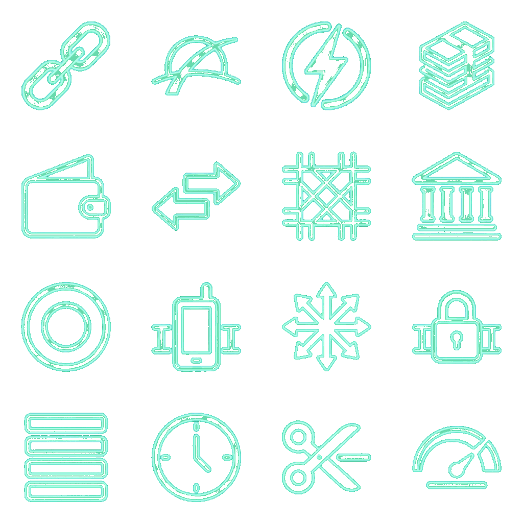 Cuadrícula de 16 iconos de la sección de pagos: cadena de bloques, billetera, cambio, banco, candado, reloj de procesamiento, tijeras de comisión baja y velocímetro de límite: símbolos que se explican en las secciones de esta página.
