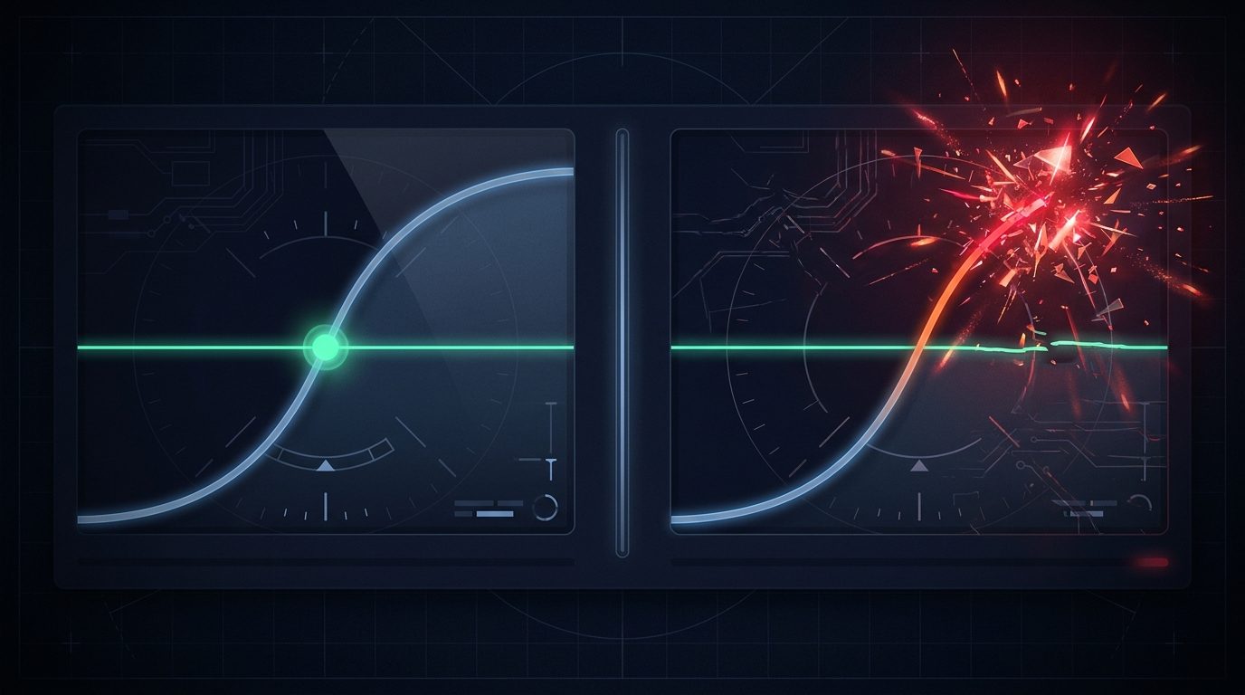 Dos paneles: a la izquierda la curva cruza la línea verde de cobro automático y la apuesta se retira; a la derecha el crash ocurre por encima de la línea: la apuesta se pierde