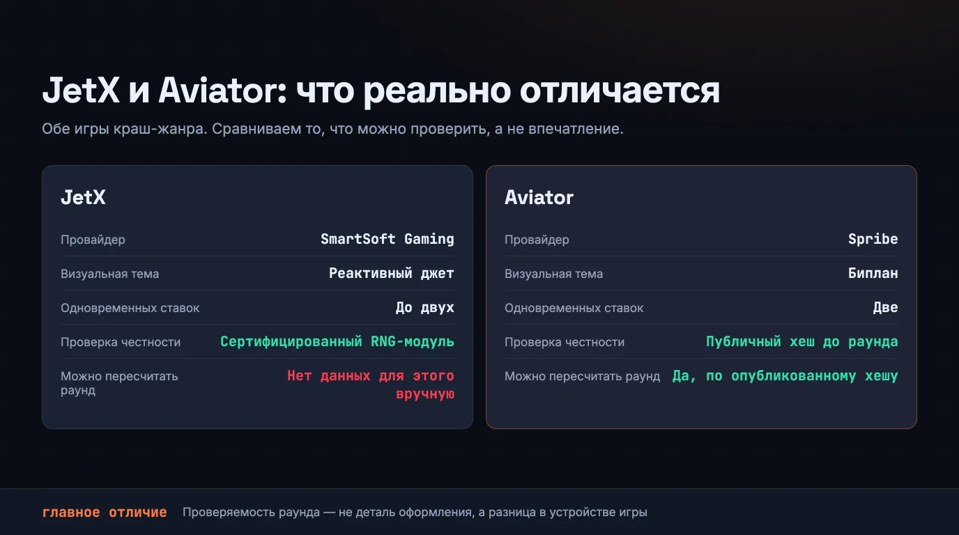 Porównanie JetX i Aviator w pięciu wierszach: dostawca — SmartSoft Gaming kontra Spribe; motyw wizualny — odrzutowiec kontra dwupłatowiec; jednoczesne zakłady — maksymalnie dwa u obu; weryfikacja uczciwości — certyfikowany moduł RNG kontra publiczny hash przed rundem; samodzielne przeliczanie rundy — w JetX brak danych w interfejsie, w Aviator można na podstawie opublikowanego hasha.
