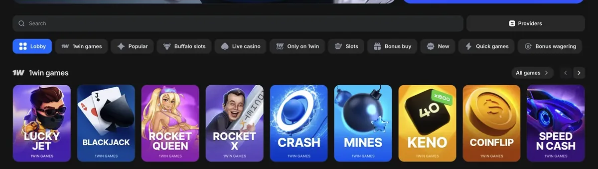 كتالوج 1win مع فلاتر Live casino وSlots وQuick games وألعاب Lucky Jet وCrash وMines وKeno وCoinflip