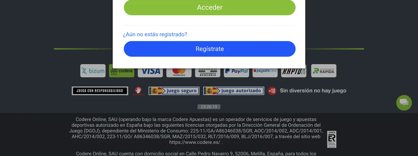 Partie inférieure du formulaire de connexion Codere España et mentions de licence