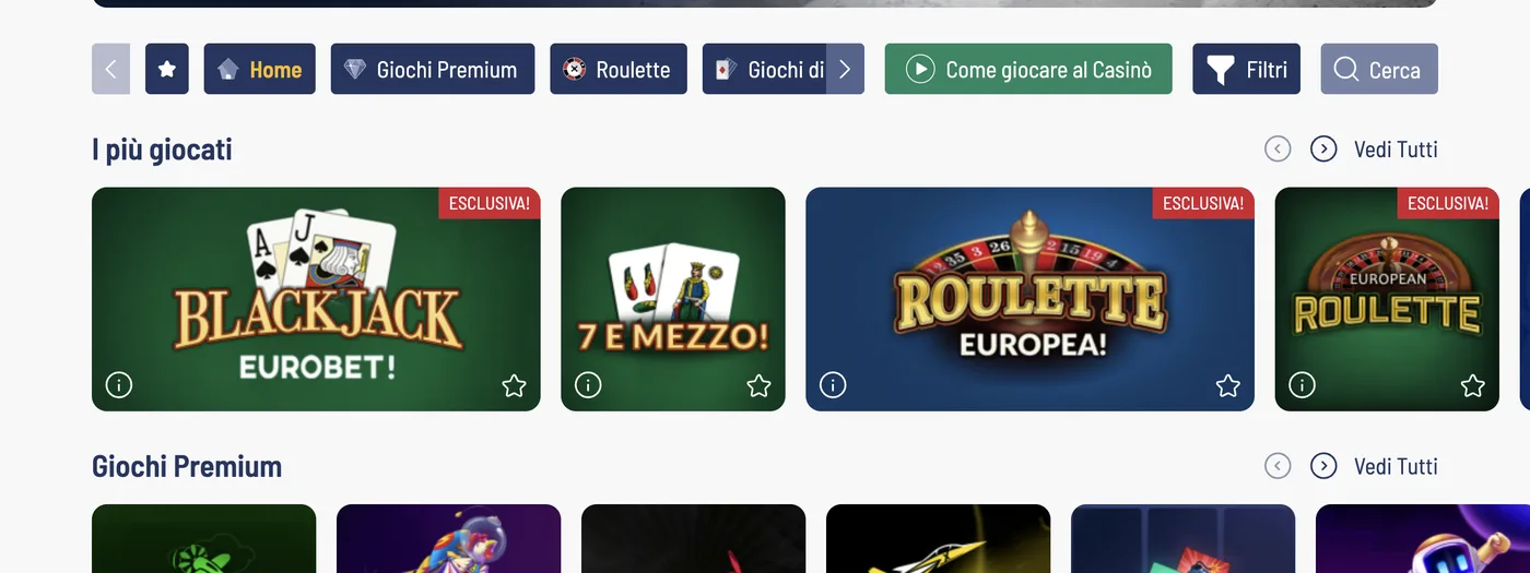 Blackjack Eurobet og Roulette Europea i lobbyen til Eurobet-kasinoet