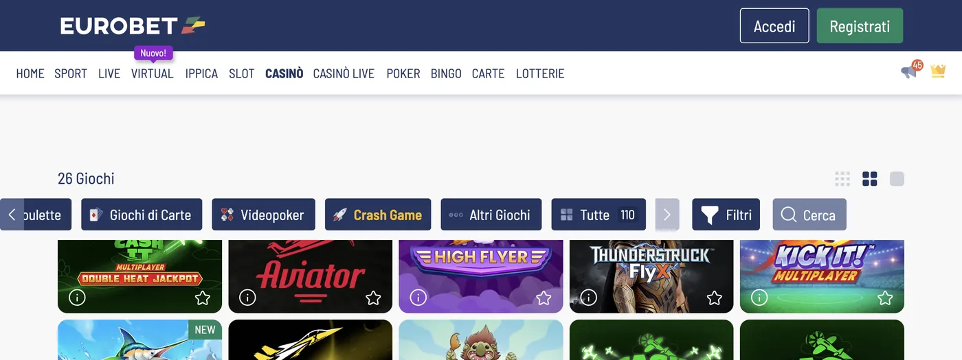 Aviator blant spill i Crash-spill-seksjonen hos Eurobet