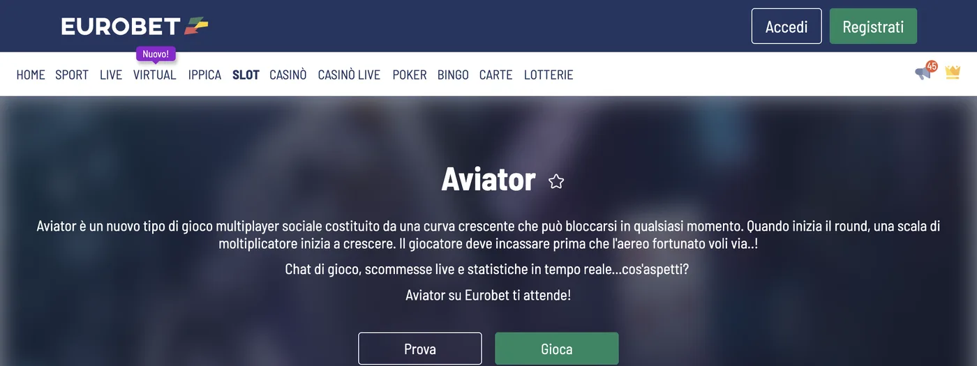 Aviator-siden hos Eurobet med Prova- og Gioca-knapper
