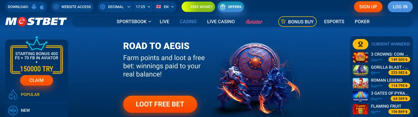 Cabeçalho da Mostbet: menu Sportsbook, Live, Casino, Live Casino e a aba Aviator em itálico rosa antes de Bonus Buy, Esports e Poker