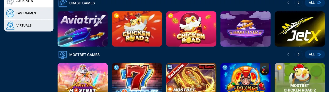 Seção Crash games no lobby da Mostbet: cards de Aviatrix, Chicken Road 2, Chicken Road, High Flyer e JetX