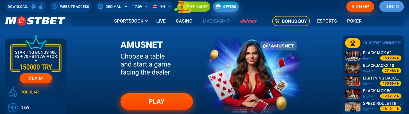 Seção Live Casino na Mostbet: banner do provedor Amusnet com dealer ao vivo e feed de prêmios em tempo real