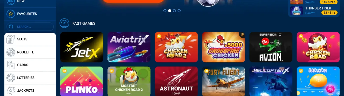 Seção Fast games na Mostbet: JetX, Aviatrix, Chicken Road 2, Plinko, Astronaut, Fury Flight, HelicopterX e outros
