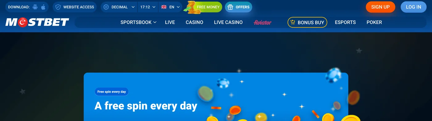 Página promocional da Mostbet «Free Money»: selo «Free spin every day», título «A free spin every day» em card azul com moedas e fichas