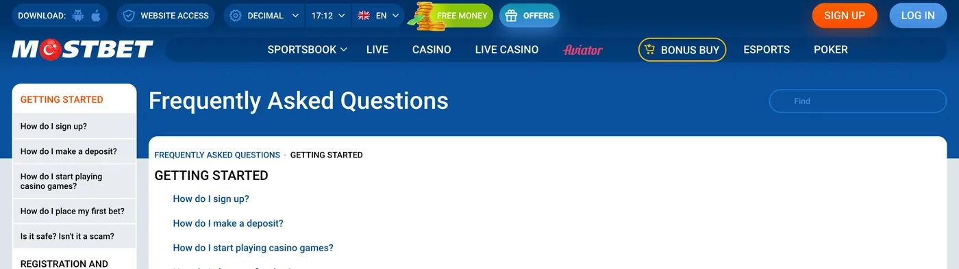 Página de FAQ da Mostbet, categoria Getting Started: perguntas How do I sign up, How do I make a deposit, Is it safe? Isn't it a scam?