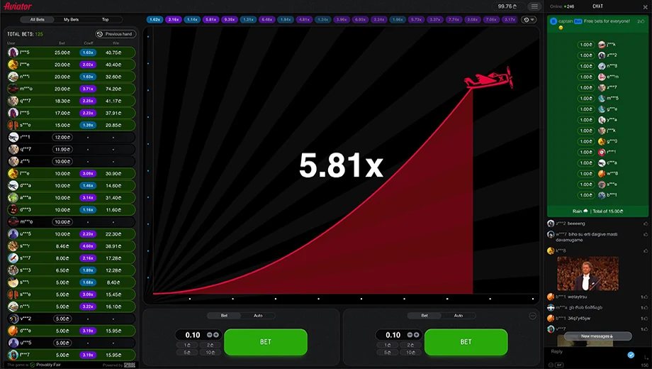 Spribe Aviator interface: plane, multiplier 5.81×, two bet panels and chat