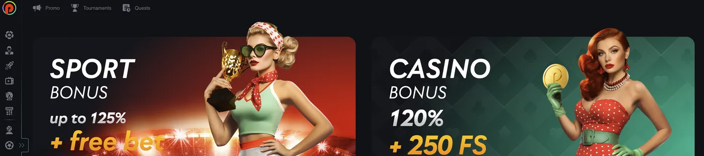 لقطة من صفحة عروض Pin-Up: لافتتان، الأولى «SPORT BONUS up to 125% + free bet» والثانية «CASINO BONUS 120% + 250 FS»